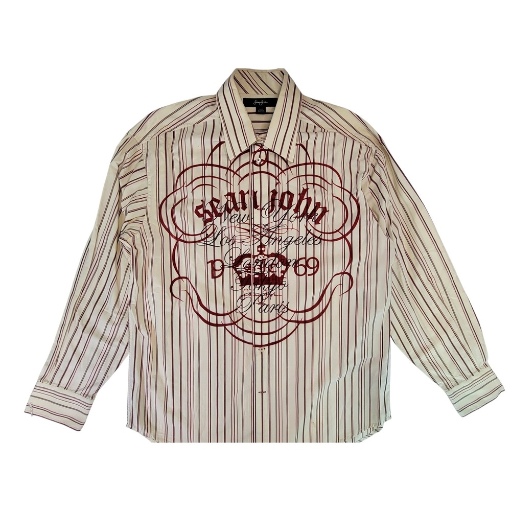 Sean John Mens‎ Striped Button Down Shirt Long Sleeve Red Cream XL